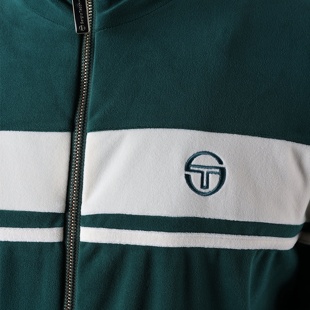 Veste de survêtement Damarindo 025 en velours Sergio Tacchini verte, détail du velours et du logo