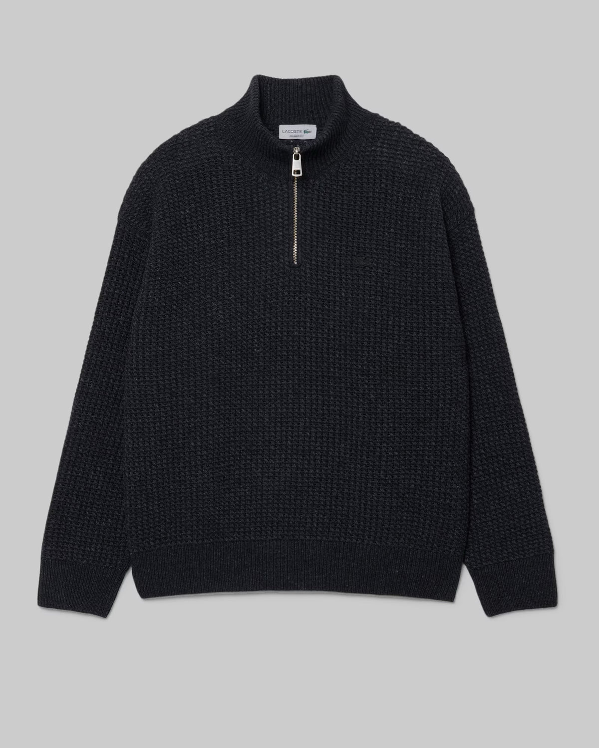 Pull col montant zippé Lacoste en laine anthracite, vue à plat