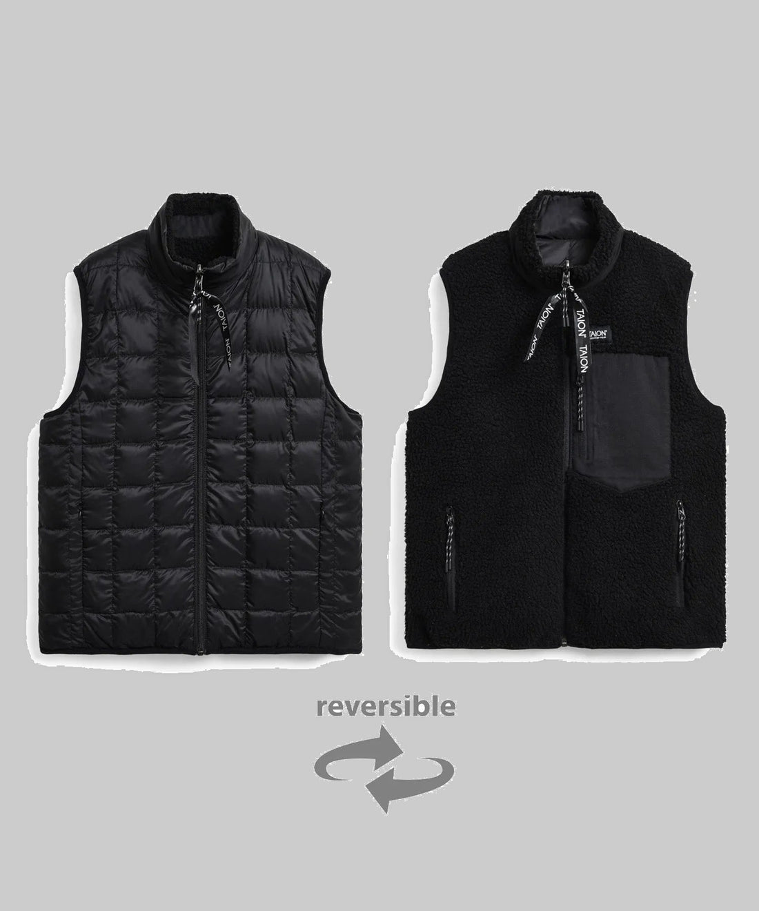 Gilet réversible Down × Boa Taion noir, les deux faces duvet et polaire