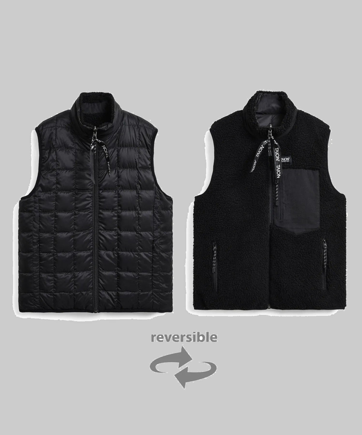 Gilet réversible Down × Boa Taion noir, les deux faces duvet et polaire