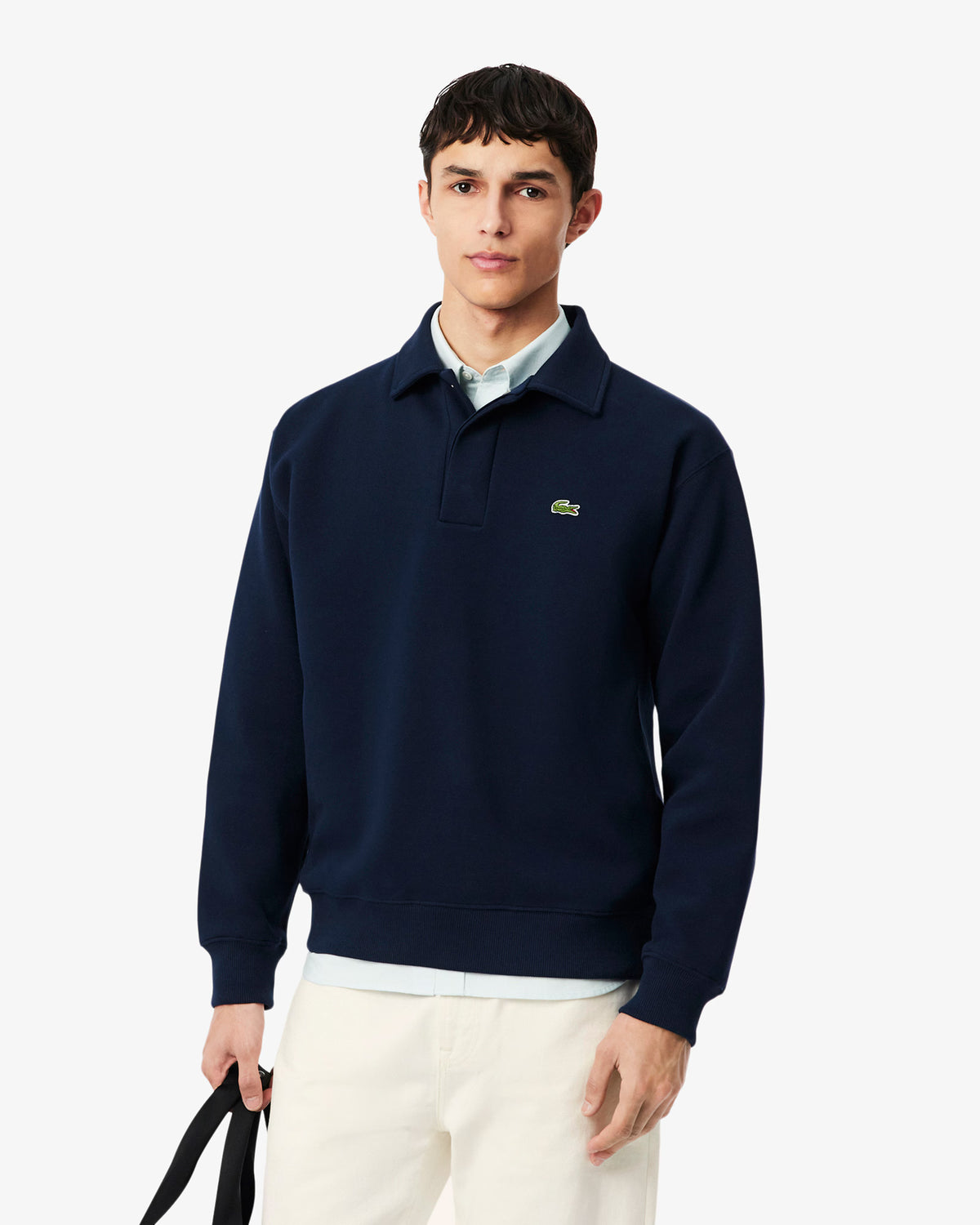 Sweatshirt col polo en piqué de coton Lacoste marine, porté de face