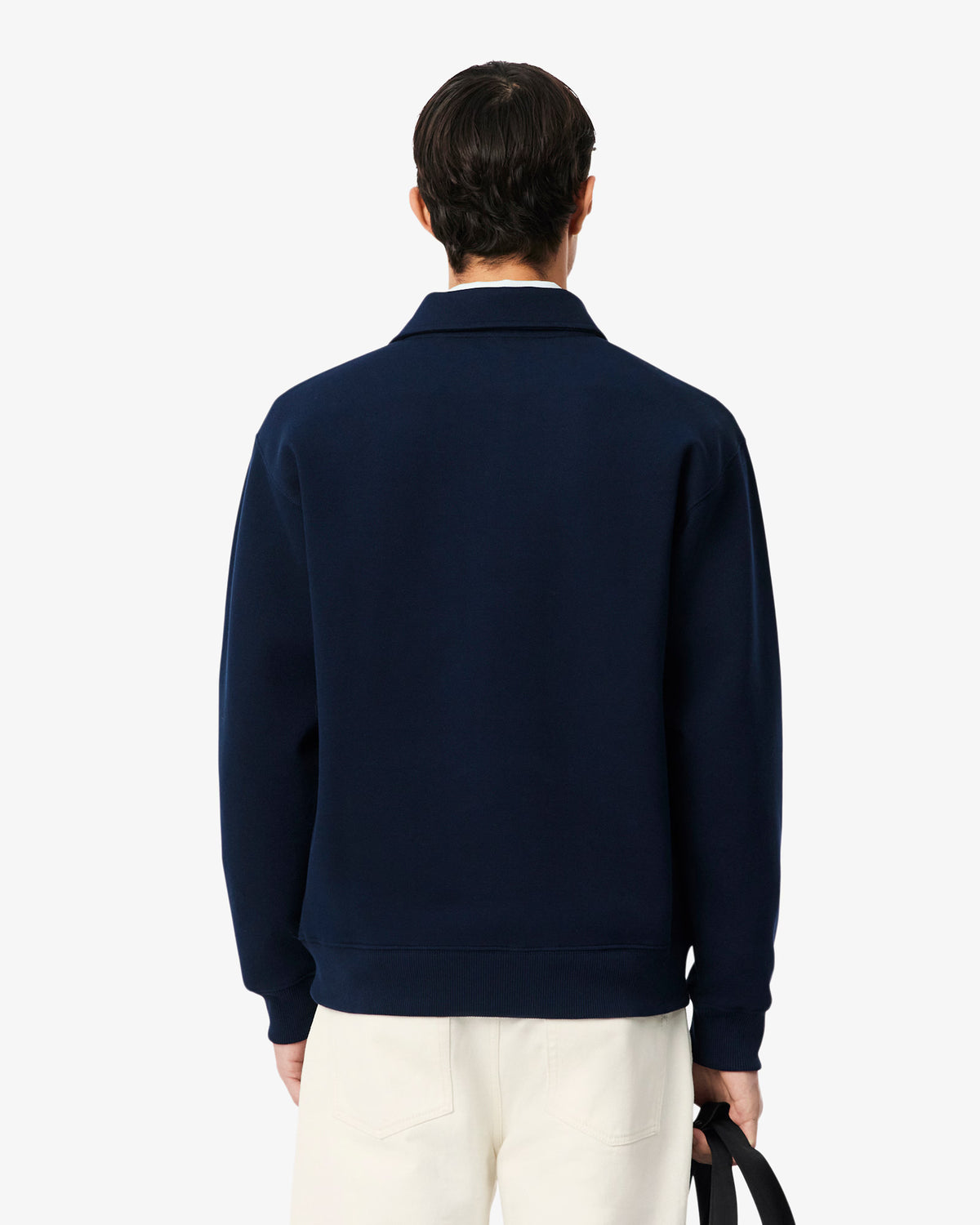 Sweatshirt col polo en piqué de coton Lacoste marine, porté de dos