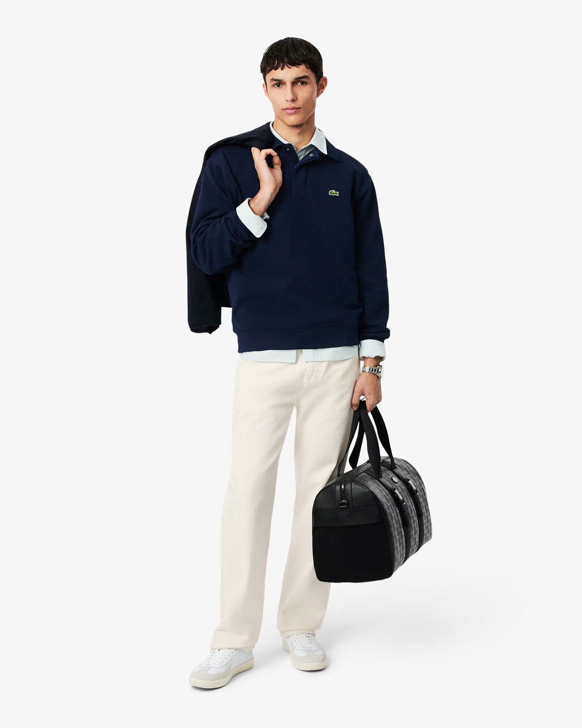 Sweatshirt col polo en piqué de coton Lacoste marine, porté en situation