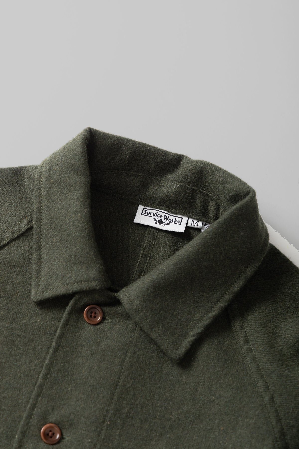 Flannel FOH Overshirt Service Works vert forêt, détail de la poche poitrine